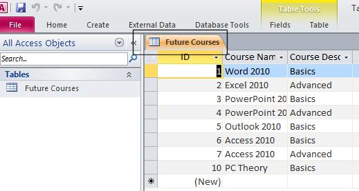 The table object tab now displays the new name, Future Courses.