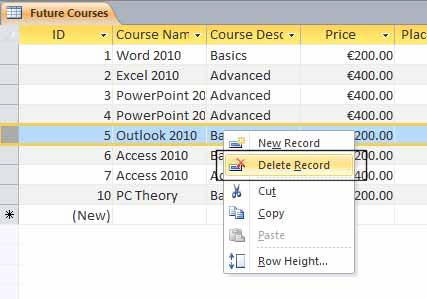 In this example you will remove the record relating to the Outlook 2010 course. Move the pointer to the column, left of the ID field for the Outlook record.