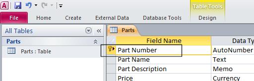 NOTE: Depending upon the data type a field is set to, more than one field can be highlighted and set as a primary key, although only one displays the Primary Key symbol.