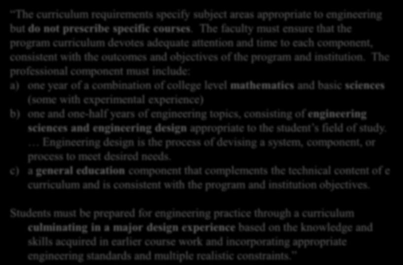 The 2. professional Program component Educational must include: Objectives a) one year of a combination of college level mathematics and basic sciences 3.
