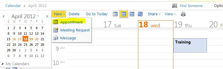Adding an Appointment 1. Click New on the Calendar Toolbar. 2. Click Appointment in the drop down menu OR Double click on the date of the appointment on the calendar. Double Click 1.