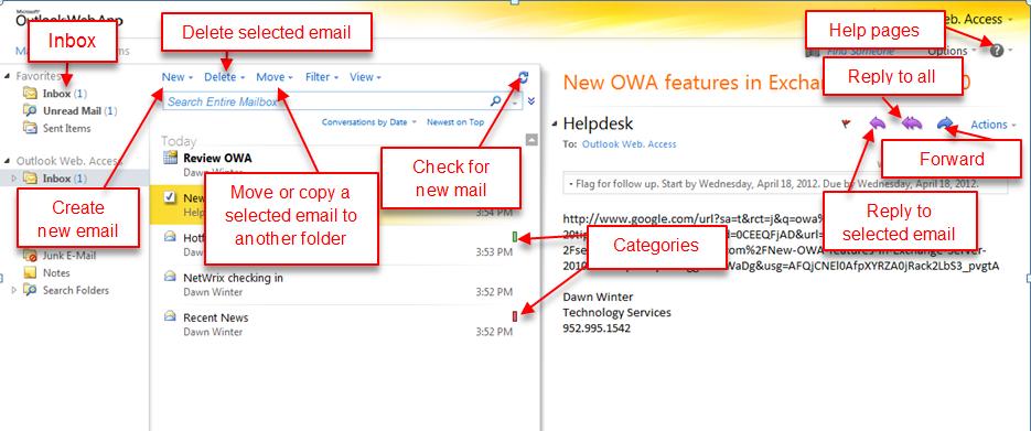 Sections of OWA Click on the selection tab to access the various tools in OWA Mail Compose, send, read, and reply to e-mails. Calendar Create and manage appointments and meetings.