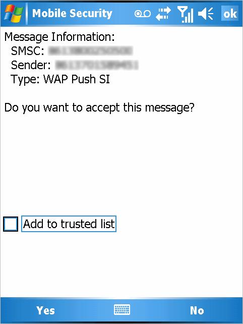Filtering WAP Push Messages Handling Blocked WAP Push Messages Mobile Security alerts you whenever you receive WAP Push messages from senders that are not on your trusted list.