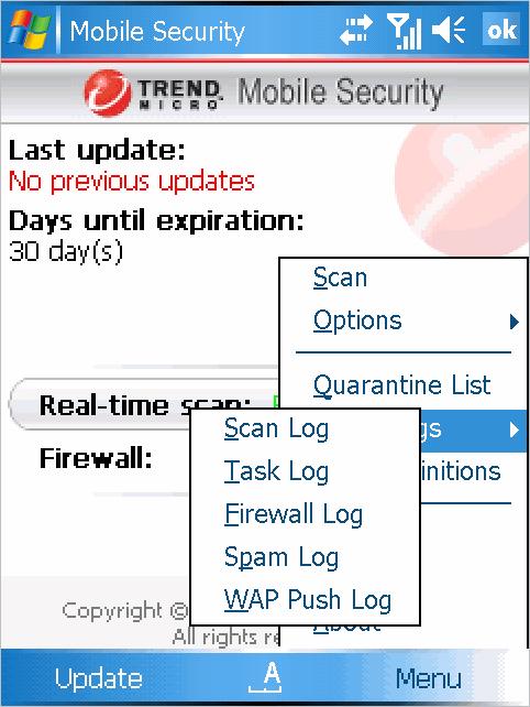 Trend Micro Mobile Security for Microsoft Windows Mobile, Pocket PC/Classic/Professional Edition User s Guide 9 Viewing Event Logs Viewing Logs To view each log, select the log from the Event Logs