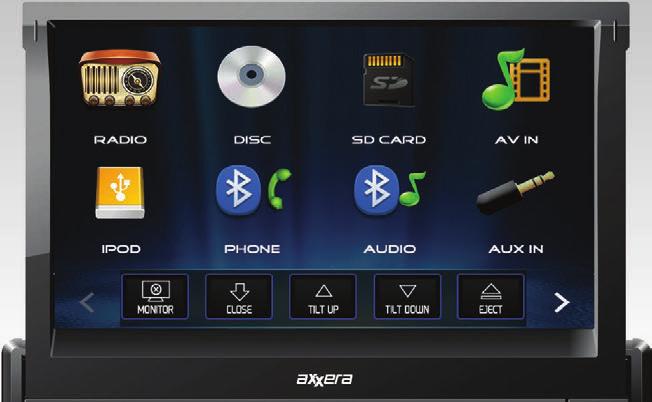 MULTIMEDIA DVD RECEIVERS Rear RCA A/V input File formats : MP3/JPG Axxera iplug Smart Remote 2 Rear RCA video outputs Rear-view camera input (RCA) AM/FM tuner with 30 stations presets (18FM/12AM) NEW