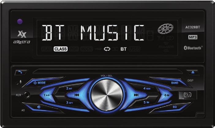 CD RECEIVERS NEW AC328BT CD RECEIVER DOUBLE-DIN BLUETOOTH Front USB Input With 2.1A charge File Formats FLAC/MP3 Built-in Bluetooth (HFP, A2DP, AVRCP) 200 Watts Front USB input with 2.