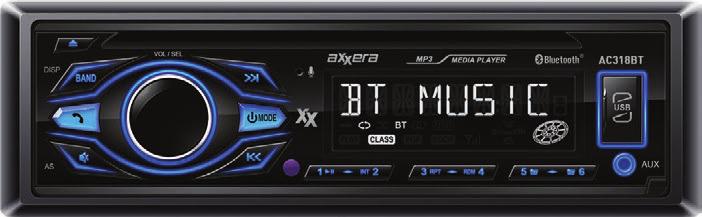 detachable panel Dimmer NEW AC318BT CD RECEIVER SINGLE-DIN BLUETOOTH Front USB Input With 2.1A charge File Formats FLAC/MP3 Built-in Bluetooth (HFP, A2DP, AVRCP) 200 Watts Front USB input with 2.