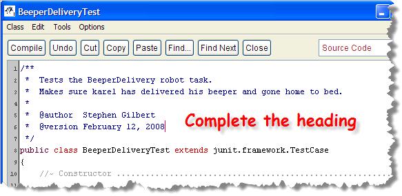 Complete the Documentation Exercise 3: Complete the heading at the top of the new test class and shoot two screen shots, one of your code and one of the window with the test class.