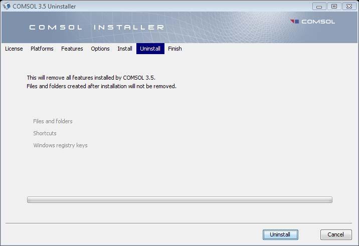 Note: The uninstaller deletes all COMSOL 3.5 files and directories on the system that were installed by the COMSOL installer. Files and folders created after installation are not removed.