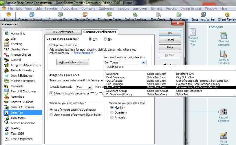 Page24 In order for QuickBooks to automatically apply sales tax to your invoices and sales receipts, you have to set up a default sales tax, or tax that you use most often.