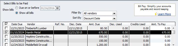 You can also filter by vendor and sort by discount date, amount due, date due or vendor. 7.