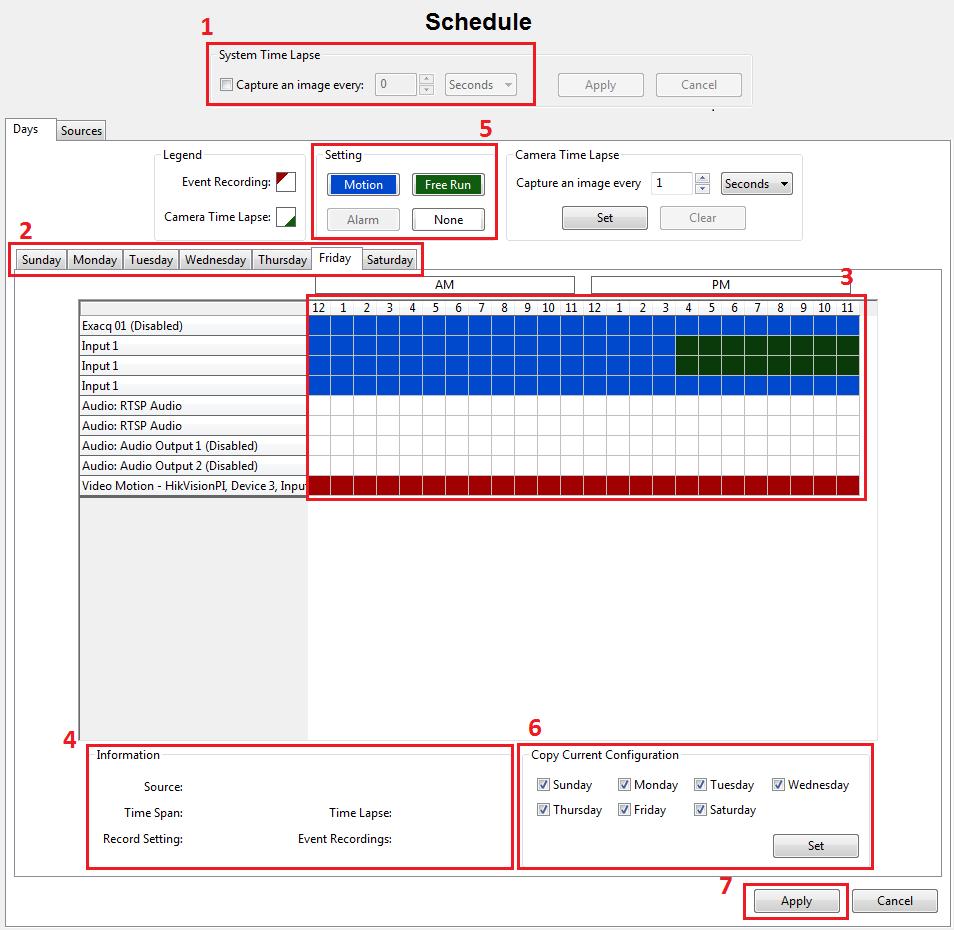 There are two scheduling tabs: Days and Sources. Figure 16. Schedule Days Tab On the Days tab, you can configure recording of all video, motion video, or just alarm video.