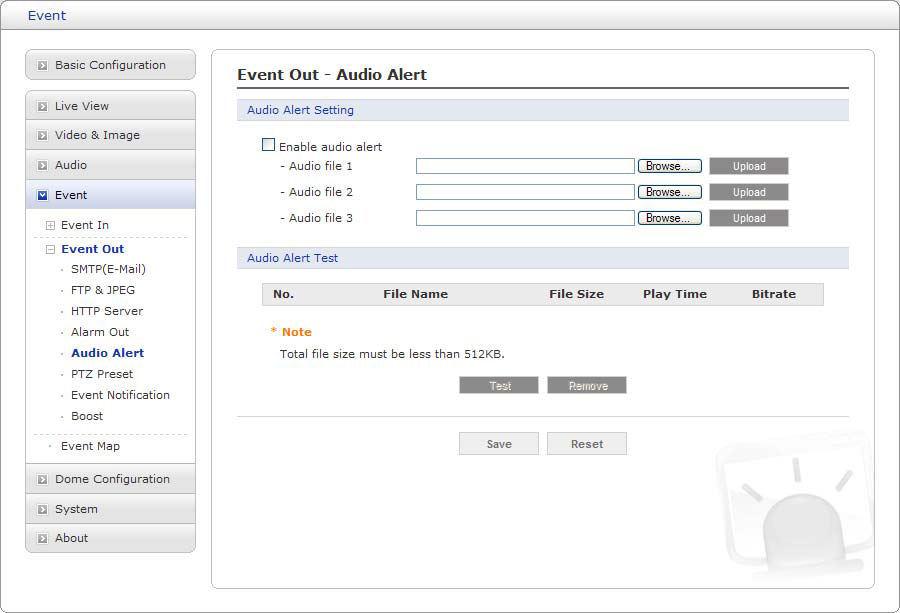 Audio Alert When the network camera detects an event, it can output predefined audio data to an external speaker. Check the box to enable the service.