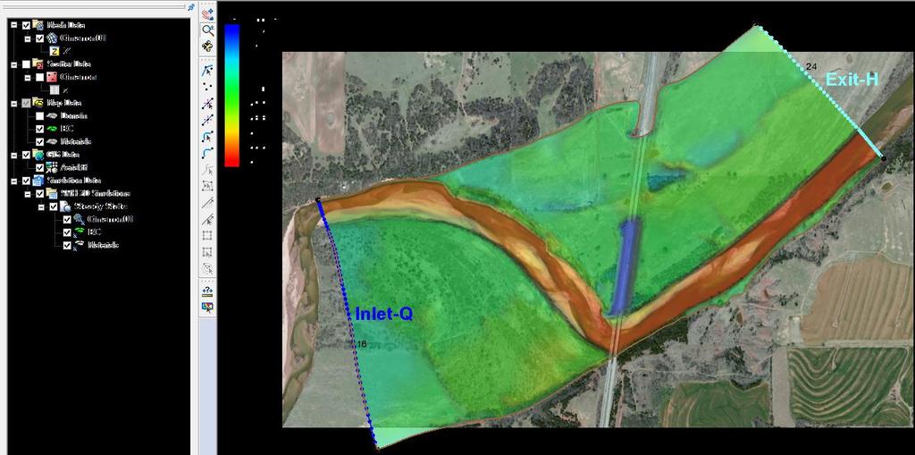 Figure 1 Initial project 2.1 Defining the Inflow Hydrograph To define the inflow hydrograph: 1. Zoom in near the inflow (upstream) boundary on the left side of the model. 2. Select BC in the Project Explorer to make it active.