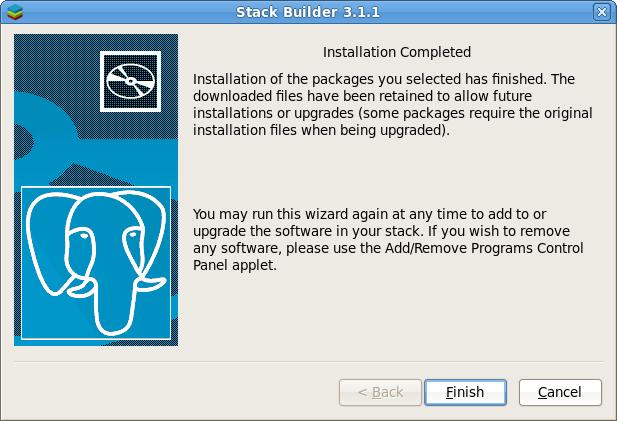 On Linux: /tmp Figure 4.8 - Stack Builder confirms the completed installation.