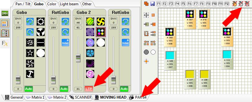 The software has several control windows. With them you can take control of your fixtures when you want in Live mode.