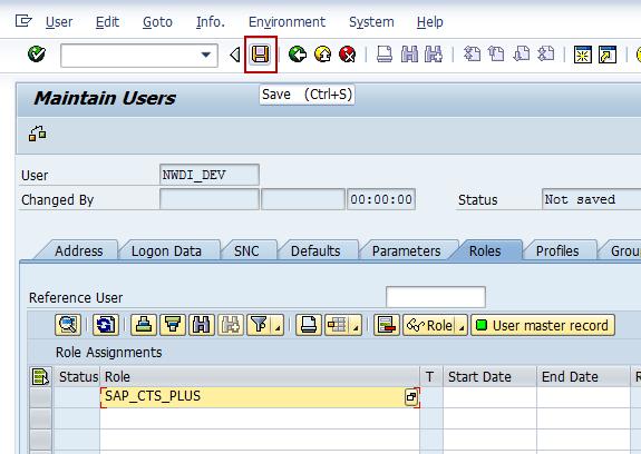 5. Switch to the Roles tab and assign the role SAP_CTS_PLUS. Save the user. In older releases the role SAP_CTS_PLUS may not be complete.