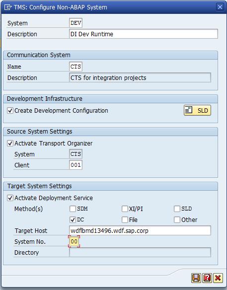 Click Save. For all runtime systems which are on SAP NetWeaver 7.1 or later, use DC (=Deploy Controller) as Method. For lower releases SDM is used for deployments.