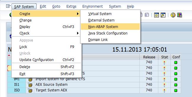 1. In the System Overview in transaction STMS choose SAP System Create Non-ABAP System. 2.