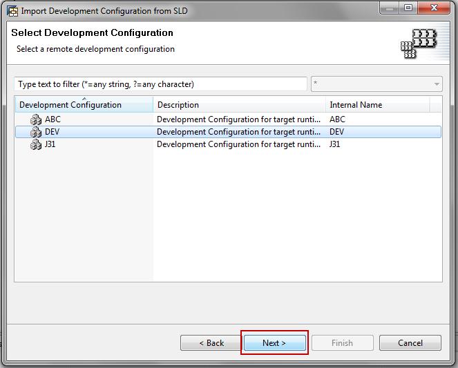 7. Choose your Development Configuration DEV in our example. Click on Next. 8.