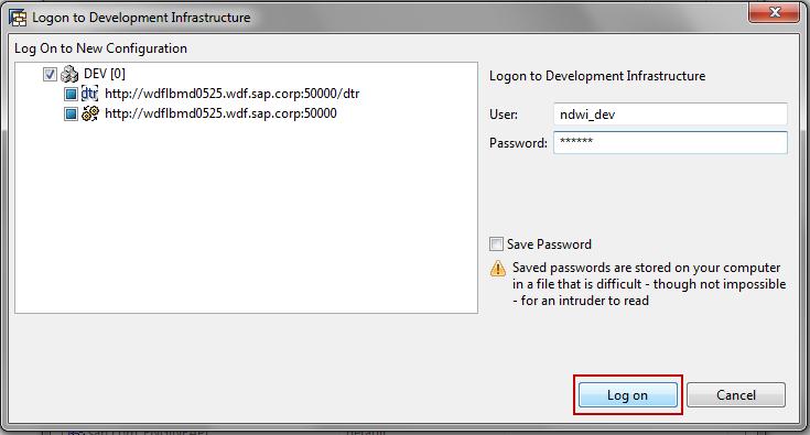 9. Enter the User and Password for the NWDI. Click on Log on. The User is case-sensitive in here. 10. In the Component Browser, you can now see the SCAs (and sub-components).