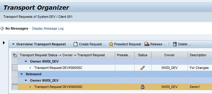 Before you can do so, you have to release the transport request. This is done in the Transport Organizer Web UI. Mark your request and click on Release.