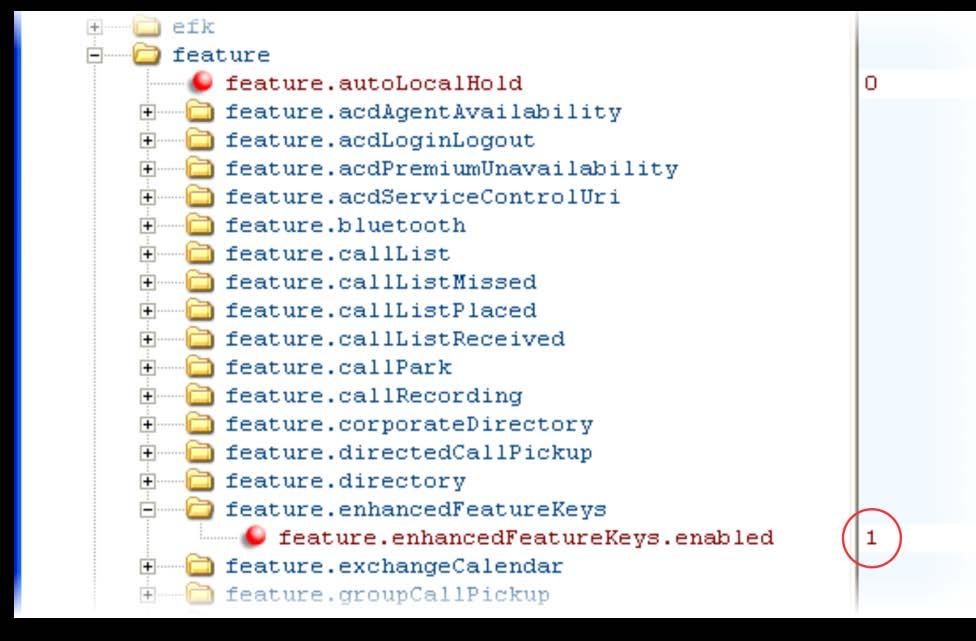Enable the enhanced feature keys feature in the features.cfg template file, as shown next. In the following illustration, the EFK parameters are located in the features.cfg template file. In the efk.
