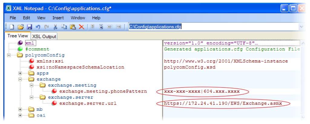 After you enable the feature, specify the Microsoft Exchange Server address in applications.cfg, as shown next. In this example, a pattern has been specified for meeting numbers.