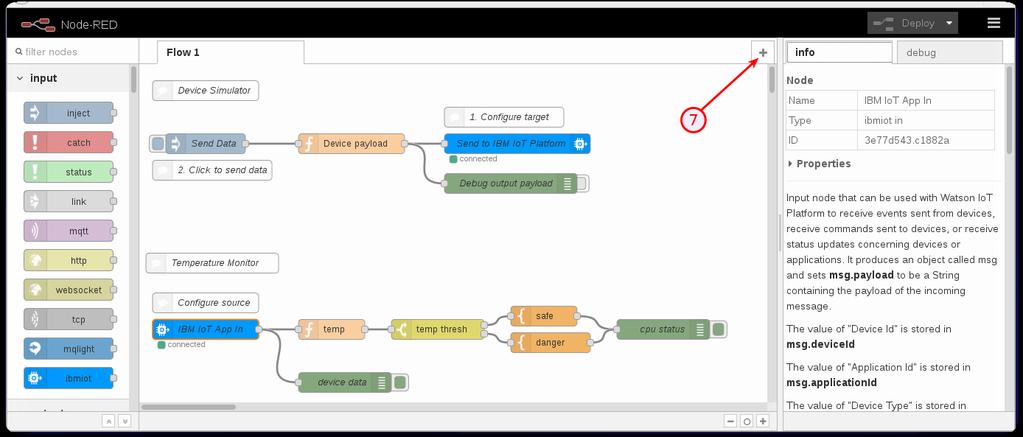 The Node-RED Visual Programming Editor will open with a default flow.