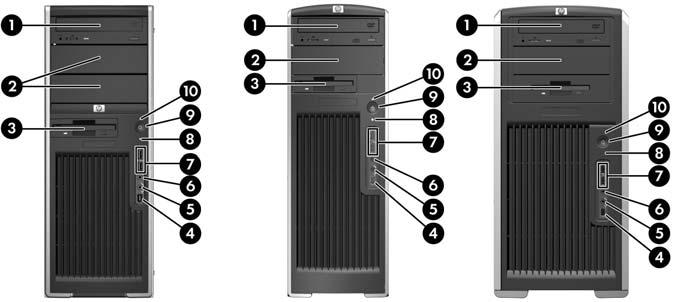 Front panel components Figure 2 3 is for reference only, and shows examples of different workstation series. Your HP workstation might look different.