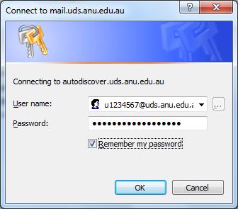9. You may be prompted for a username/password for autodiscover.anu.edu.