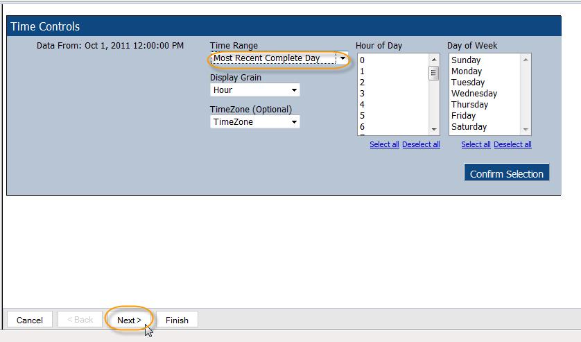 2. Click the Report View tab. Uncheck the Prompt for values check box and click the Set link. Figure 12: Report View Tab: Set Link 3. Change the Time Range to be Most Recent Complete Day.