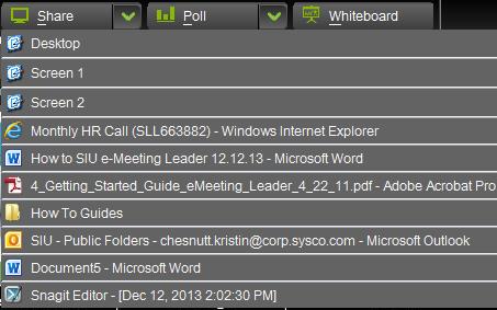Sysco e-meeting Leader Interface, Continued Meeting Agenda Tools Add content is used to add files,