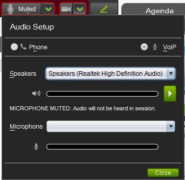 Sysco e-meeting Leader Interface, Continued Audio Options - VOIP When using VOIP, the audio options button appears as a microphone. Select the Muted button to unmute your microphone.