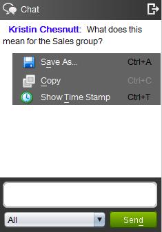 To save a transcript of the chat conversation, right click anywhere in the Chat Panel and select Save As.