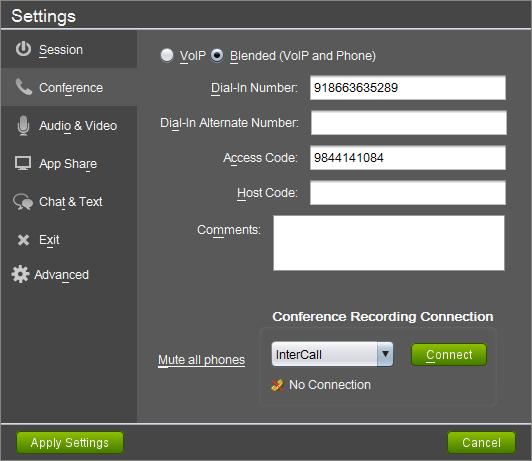 Sysco e-meeting Leader Interface, Continued Settings (continued) The Conference section is used to adjust teleconference audio