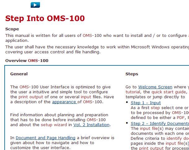 OMS-100 User Manual Navigation Inside OMS-100 Manual The very first topic of the built-in manual gives a short overview of OMS-100 with hyperlinks to important topics of the manual: Figure 2: Step