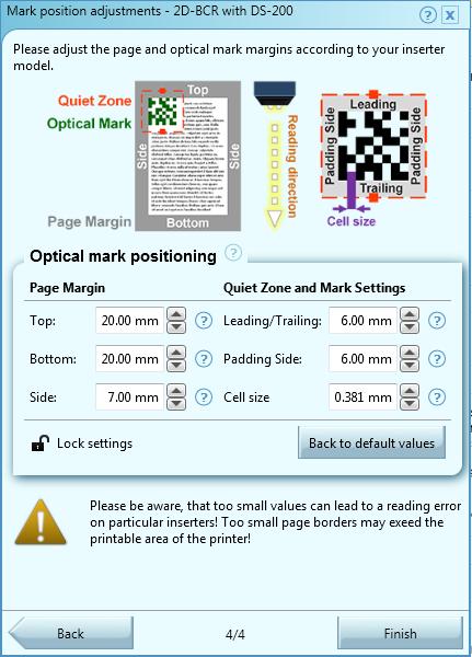 OMS-100 User Manual Mark Position Adjustment The optical mark position screen defines the detailed position of the mark on the page, including the quite zone and the mark thickness and line spacing.