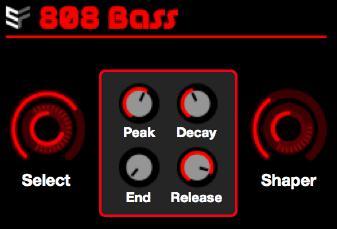 INSTRUMENTS 808 BASS Kicks, toms, booms and subs inspired by the iconic drum machine. SELECT: Changes the 808 Bass sound you are using. PEAK: Determines the amount of pitch decay.