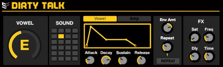 DIRTY TALK Gritty vocal synth that can morph between vowels. VOWEL: Controls the Vowel Filter Shape. Will morph between A, E, I, O and U vowel sounds.