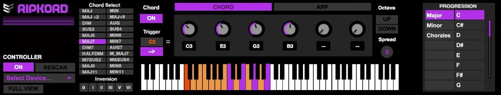 RIPKORD Combined chord generator and arpeggiator/sequencer. Quickly build in-key chord progressions and run the chord set through an expressive arpeggiator/sequencer for transcendent melodic patterns.