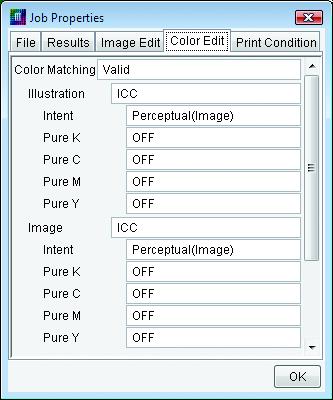 Job Property Settings of File, Results, Image edit,