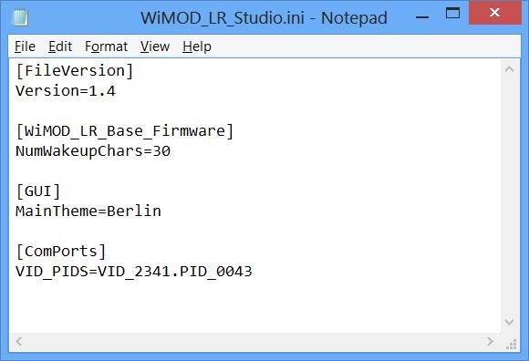 Adding the Arduino to the IMST Tools Now, making sure that your copy of WiMOD_LR_Studio is NOT running, open the file "WiMOD_LR_Studio.ini" with a text editor.