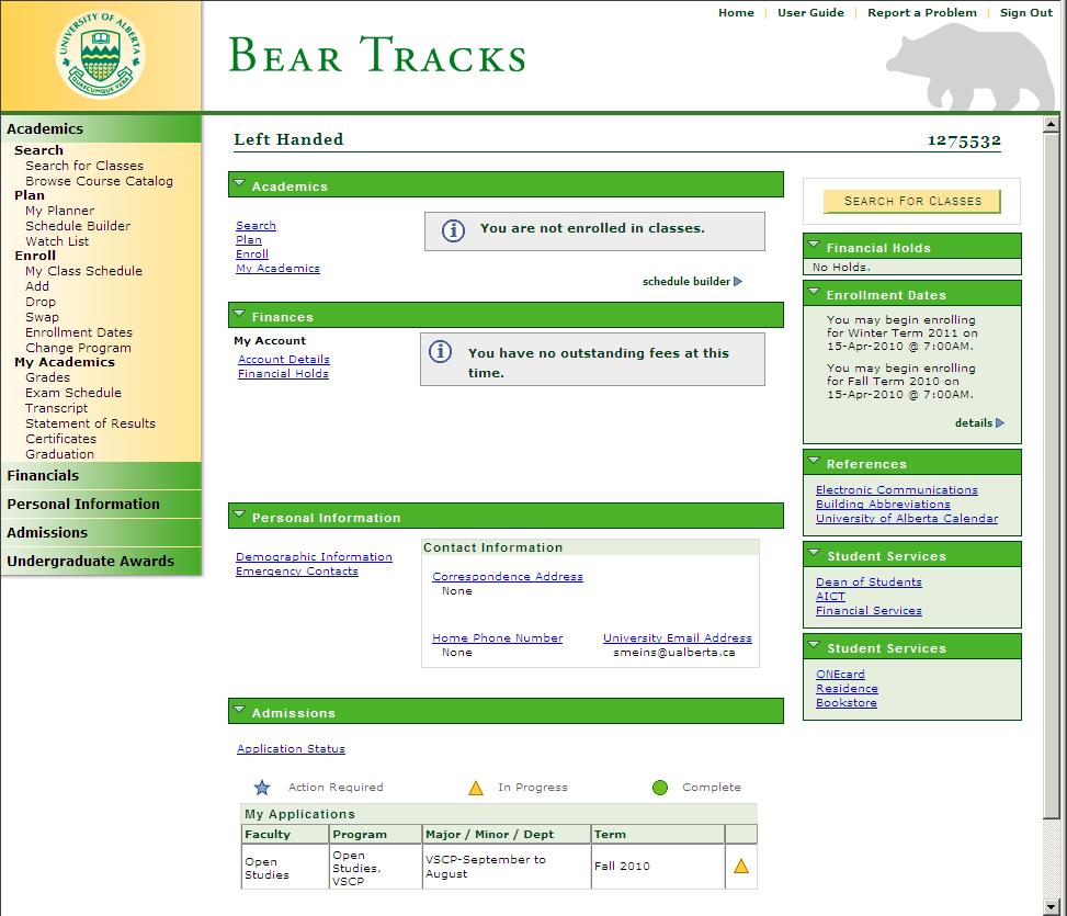 What will my Bear Tracks Account look like?