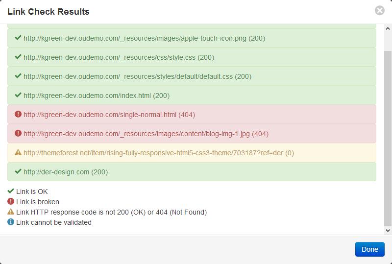 Link Check Legend The row items displayed in the Link Check Results dialog are color coded and labeled with numbers to help users identify broken links using known syntax error codes.