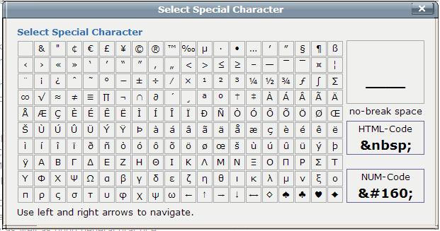 Icon Tool Description the selection process, a preview of the character is shown with its name, HTML character reference, and numerical character entity reference.