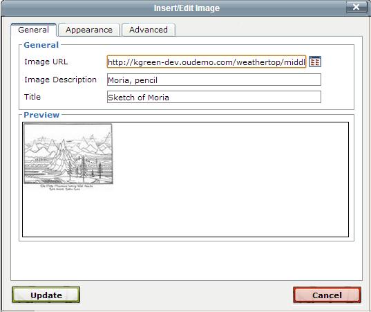 Dragging a File to Upload 1. As described above, click the Insert/Edit Image tool, and the Browse icon. 2. From the Insert Image dialog, click Upload. 3.