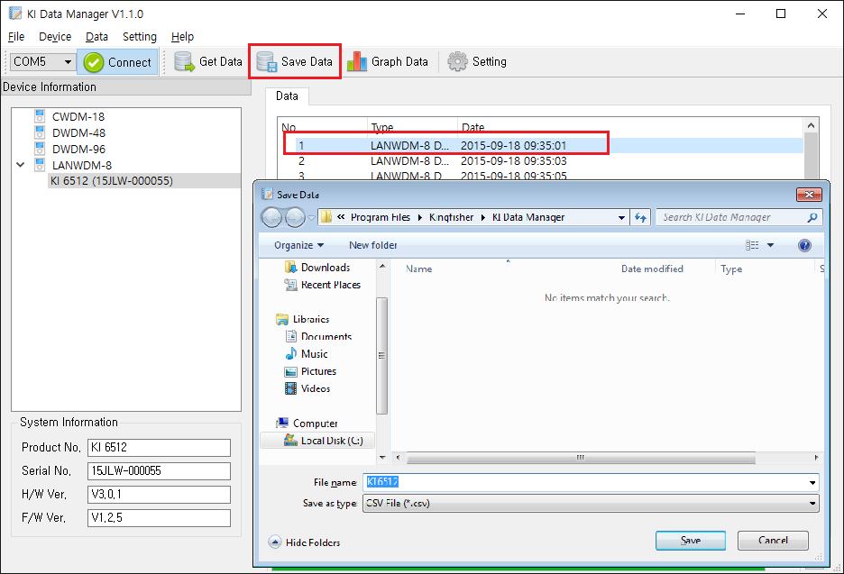 Default directory for file saving: in the same directory in which the Data Manager Software is installed. The data record file is saved in PC in CSV format. 5.2.