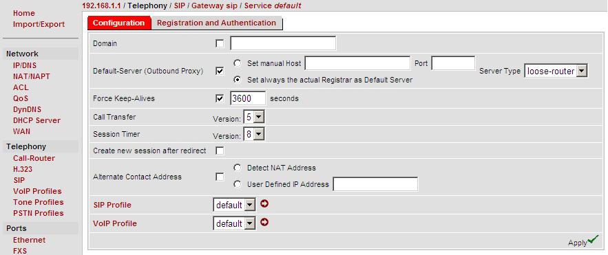 Select the Gateways tab and click on sip. 5. Click on default in the Services section. Select the Configuration tab.