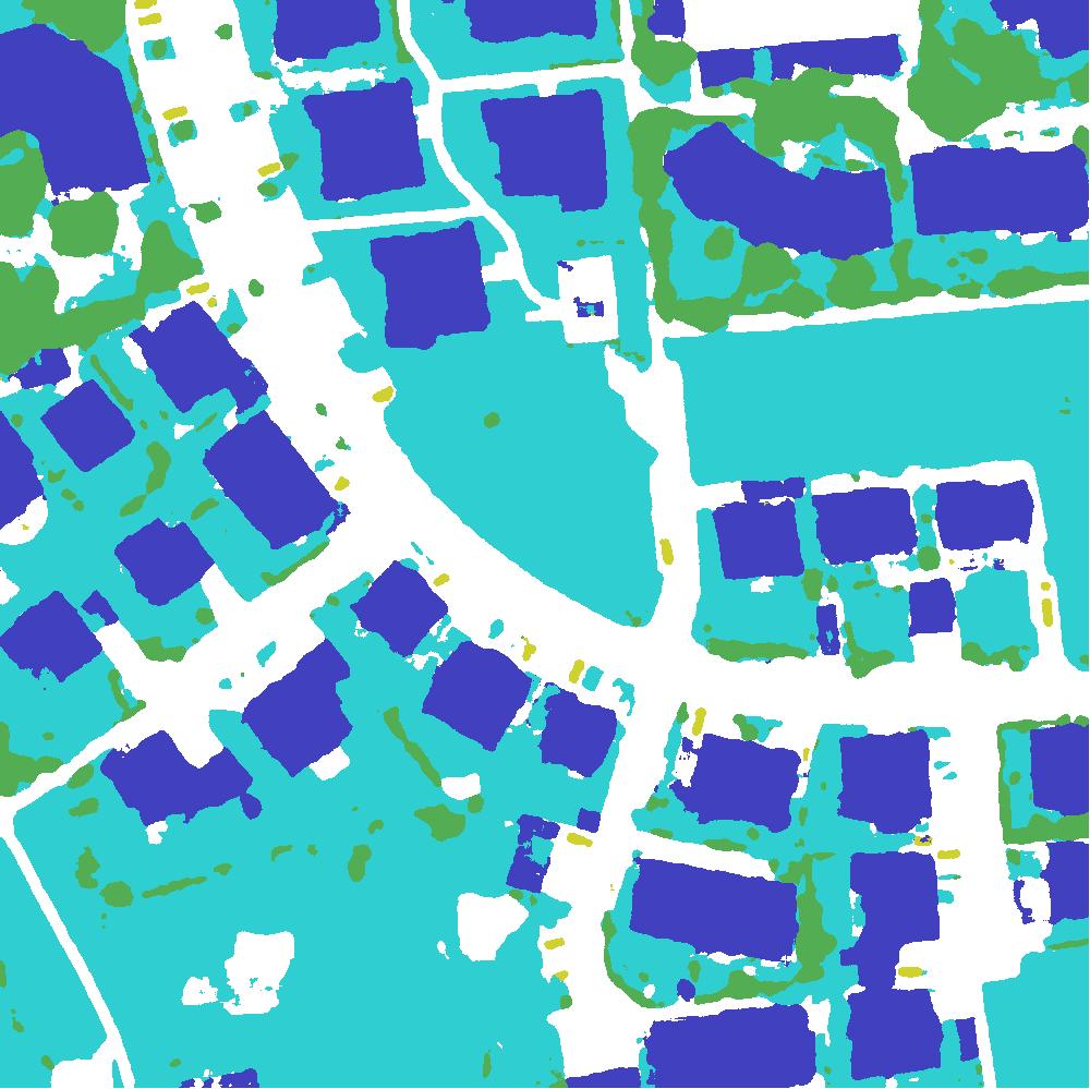 (white: roads, blue: buildings, cyan: low vegetation, green: trees, yellow: cars) information that could help on challenging frontiers such as roads/buildings and low
